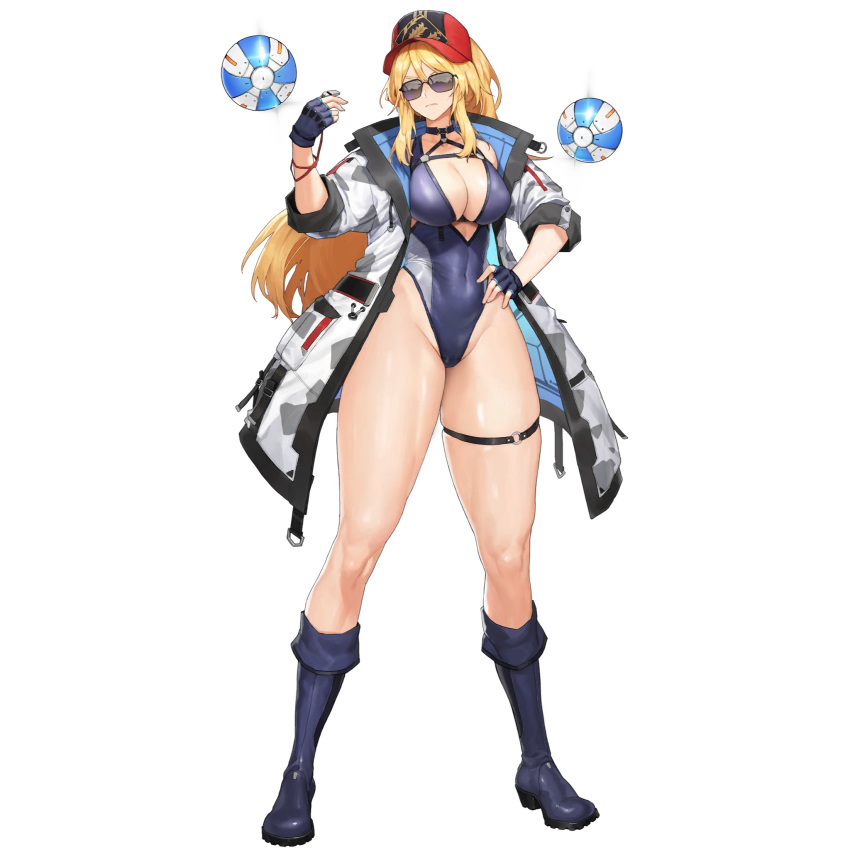 1girl ball baseball_cap beachball black_choker black_headwear blonde_hair blue_footwear blue_gloves blue_one-piece_swimsuit boots breasts camouflage camouflage_jacket choker cleavage closed_mouth collarbone covered_navel drone fingerless_gloves floating floating_object full_body game_cg gloves hair_between_eyes hand_on_own_hip hat high_heel_boots high_heels highleg highleg_swimsuit highres holding holding_whistle indomitable_marie jacket large_breasts last_origin leaf_print legs_apart linea_alba long_hair looking_at_viewer military_jacket multi-strapped_swimsuit multicolored_clothes multicolored_headwear o-ring o-ring_thigh_strap official_alternate_costume official_art one-piece_swimsuit open_clothes open_jacket red_headwear rubber_boots serious sidelocks simple_background skindentation solo standing sunglasses swimsuit swimsuit_under_clothes tachi-e thick_thighs thigh_strap thighs transparent_background tunamayo_(dsasd751) whistle white_jacket yellow_eyes