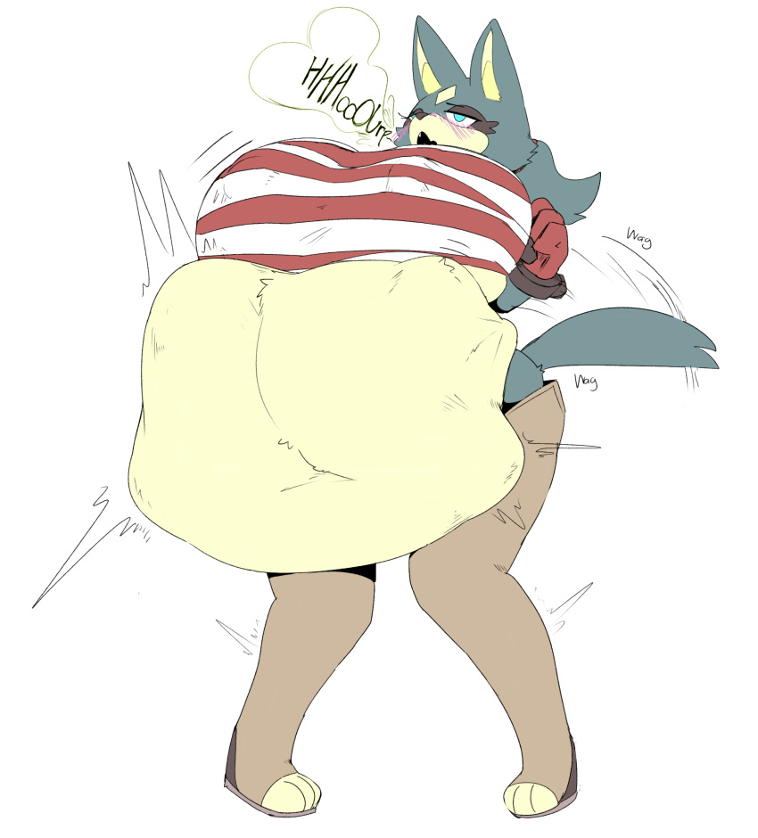 abdominal_bulge anthro anthro_pred belly big_belly big_breasts blue_eyes blush blush_lines bottomwear breasts burping canid canine clothing countershading edit evergreen_(redpyrodragon) eyelashes female female_pred gloves hair half-closed_eyes handwear hi_res huge_breasts hyper hyper_belly looking_pleasured mammal midriff motion_lines mullberrydraws narrowed_eyes navel nipple_outline pants pattern_clothing pattern_topwear paws pigeon_toed ponytail same_size_vore simple_background solo squirming striped_clothing striped_topwear stripes tail tail_motion tailwag thick_eyelashes topwear vore white_background