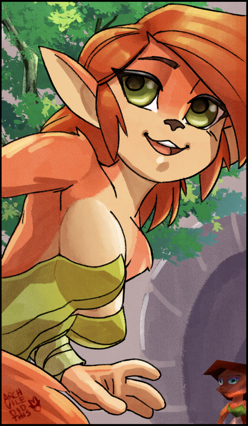2023 4_fingers activision anthro archvile_(artist) breasts brown_body brown_fur brown_hair clothing elora eyebrows eyelashes faun_(spyro) female fingers fur green_eyes hair hi_res leaf leaf_clothing looking_at_viewer open_mouth open_smile portrait short_hair smile solo spyro_the_dragon tan_body tan_fur