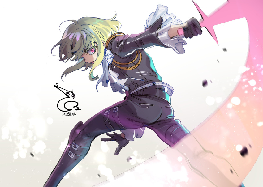 1boy 302 absurdres ascot ass belt black_jacket black_pants blonde_hair colored_eyelashes floating_hair frilled_sleeves frills gloves half_gloves highres holding holding_sword holding_weapon jacket lio_fotia male_focus motion_blur multiple_belts open_mouth otoko_no_ko pants pink_eyes promare short_hair sidelocks signature solo standing swinging sword thigh_belt thigh_strap weapon white_ascot white_background white_belt