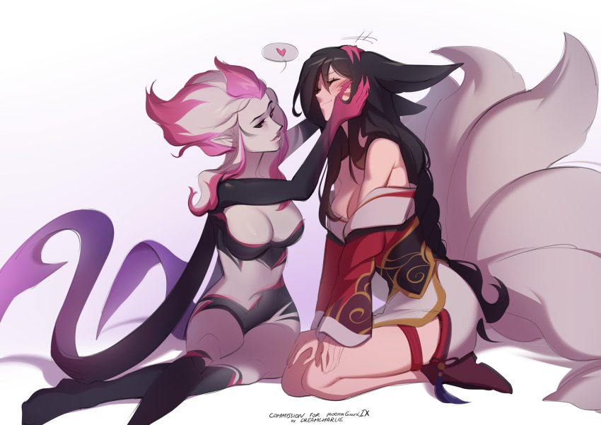 2girls ahri_(league_of_legends) animal_ears artist_name bare_shoulders black_sclera black_skin breasts cleavage closed_mouth colored_sclera colored_skin commission commissioner_name crossed_legs dreamcharlie evelynn_(league_of_legends) facial_mark fox_ears fox_tail from_side grey_hair heart highres large_breasts league_of_legends multiple_girls off_shoulder pink_hair pink_skin seiza shiny_skin sitting smile spoken_heart tail whisker_markings