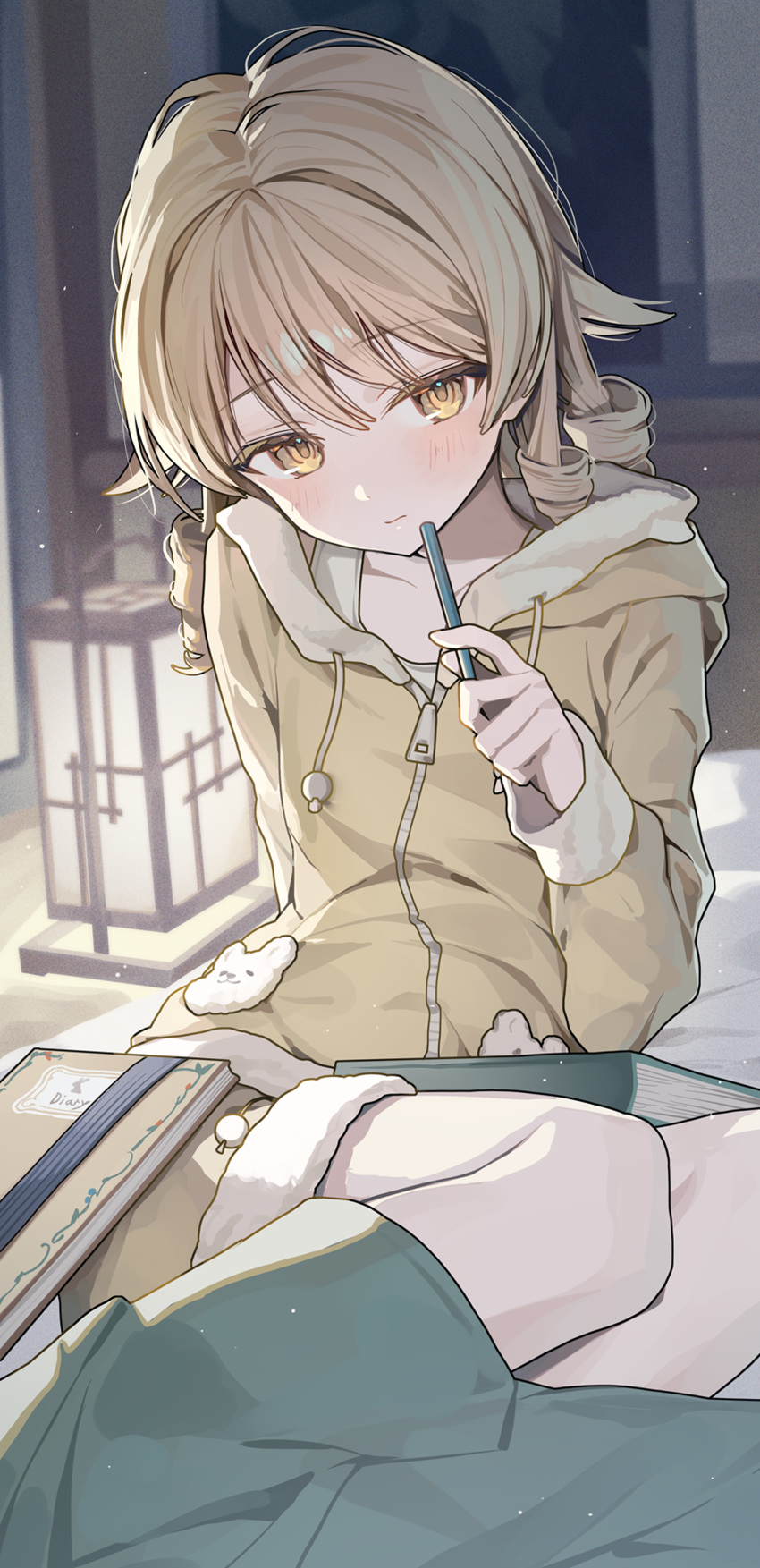 1girl absurdres book brown_hair closed_mouth collarbone commentary_request diary drawstring drill_hair floor_lamp futon hair_flaps head_tilt highres holding holding_pen hood hood_down hooded_jacket idolmaster idolmaster_cinderella_girls idolmaster_cinderella_girls_starlight_stage indoors jacket light_blush long_sleeves looking_at_viewer morikubo_nono ningen_mame on_bed pants parted_bangs pen pen_to_mouth quad_drills sitting solo yellow_eyes yellow_jacket yellow_pants