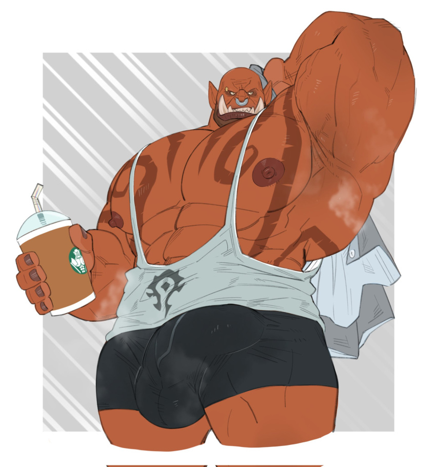 blizzard_entertainment bulge clothed clothing facial_piercing fangs fishingmanmax garrosh_hellscream hi_res humanoid humanoid_pointy_ears male muscular muscular_humanoid muscular_male nipples nose_piercing nose_ring orc partially_clothed piercing ring_piercing solo starbucks tattoo teeth warcraft