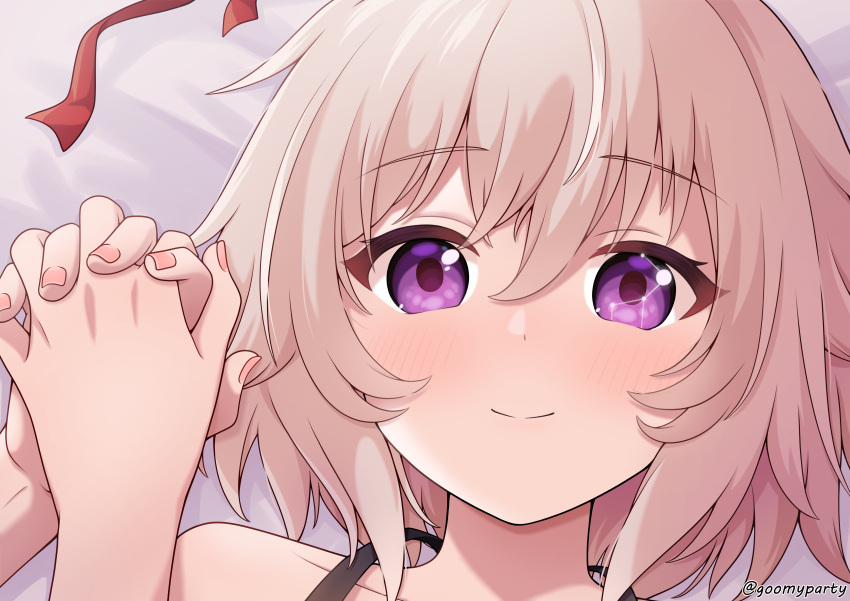 1girl 1other absurdres bed_sheet brown_hair closed_mouth collarbone commentary_request constellation curren_chan_(umamusume) goom_(goomyparty) hair_between_eyes highres holding_hands interlocked_fingers looking_at_viewer lying on_back pink_nails portrait purple_eyes smile solo_focus twitter_username umamusume