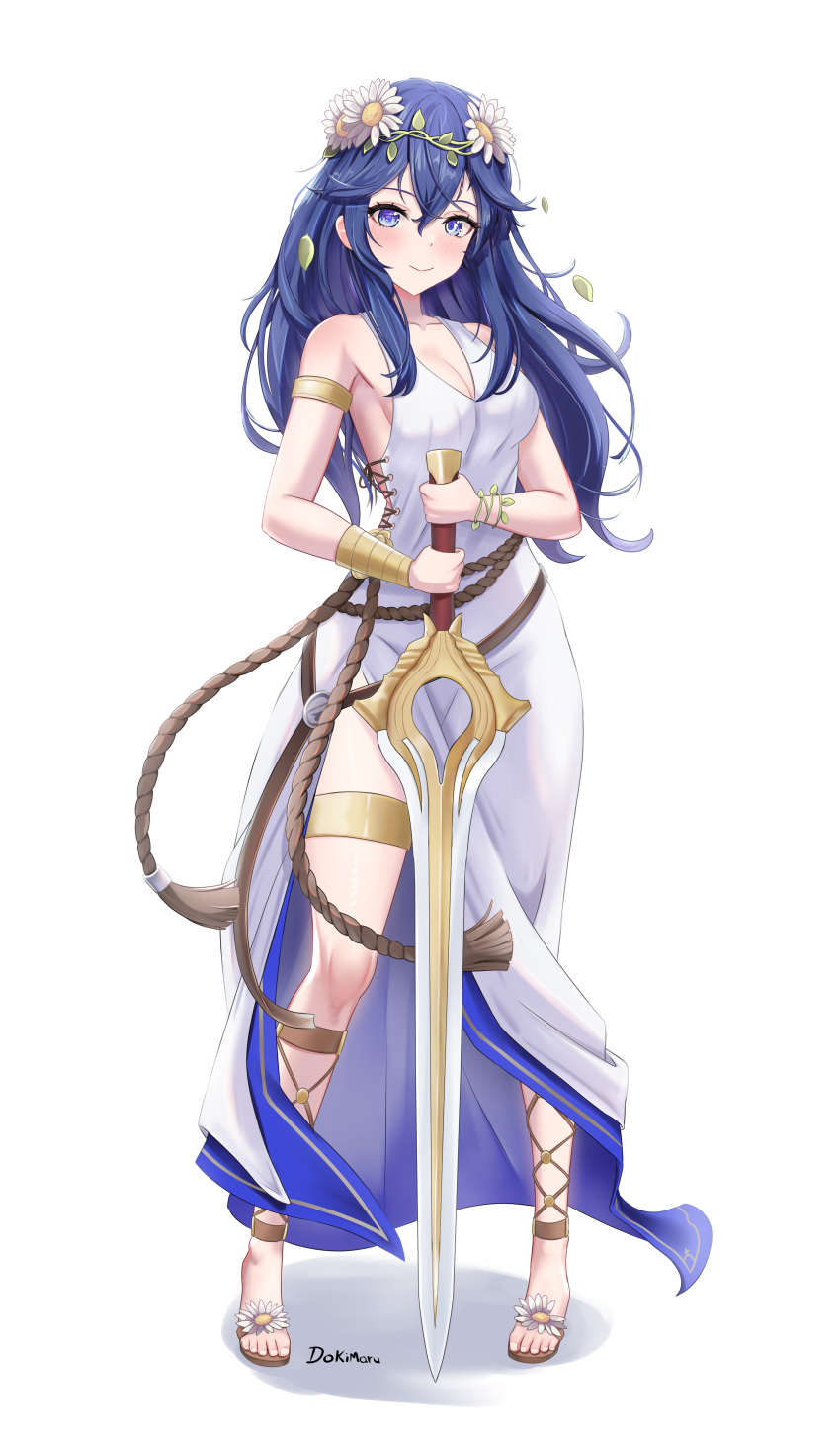 1girl absurdres armlet artist_name bare_shoulders blue_eyes blue_hair bracelet breasts cleavage collarbone dokimaru dress falchion_(fire_emblem) fire_emblem fire_emblem_awakening fire_emblem_heroes flower full_body hair_between_eyes hair_flower hair_ornament highres holding holding_sword holding_weapon jewelry long_hair looking_at_viewer lucina_(fire_emblem) lucina_(valentine)_(fire_emblem) official_alternate_costume sleeveless sleeveless_dress smile solo sword symbol_in_eye thighlet weapon white_background white_dress