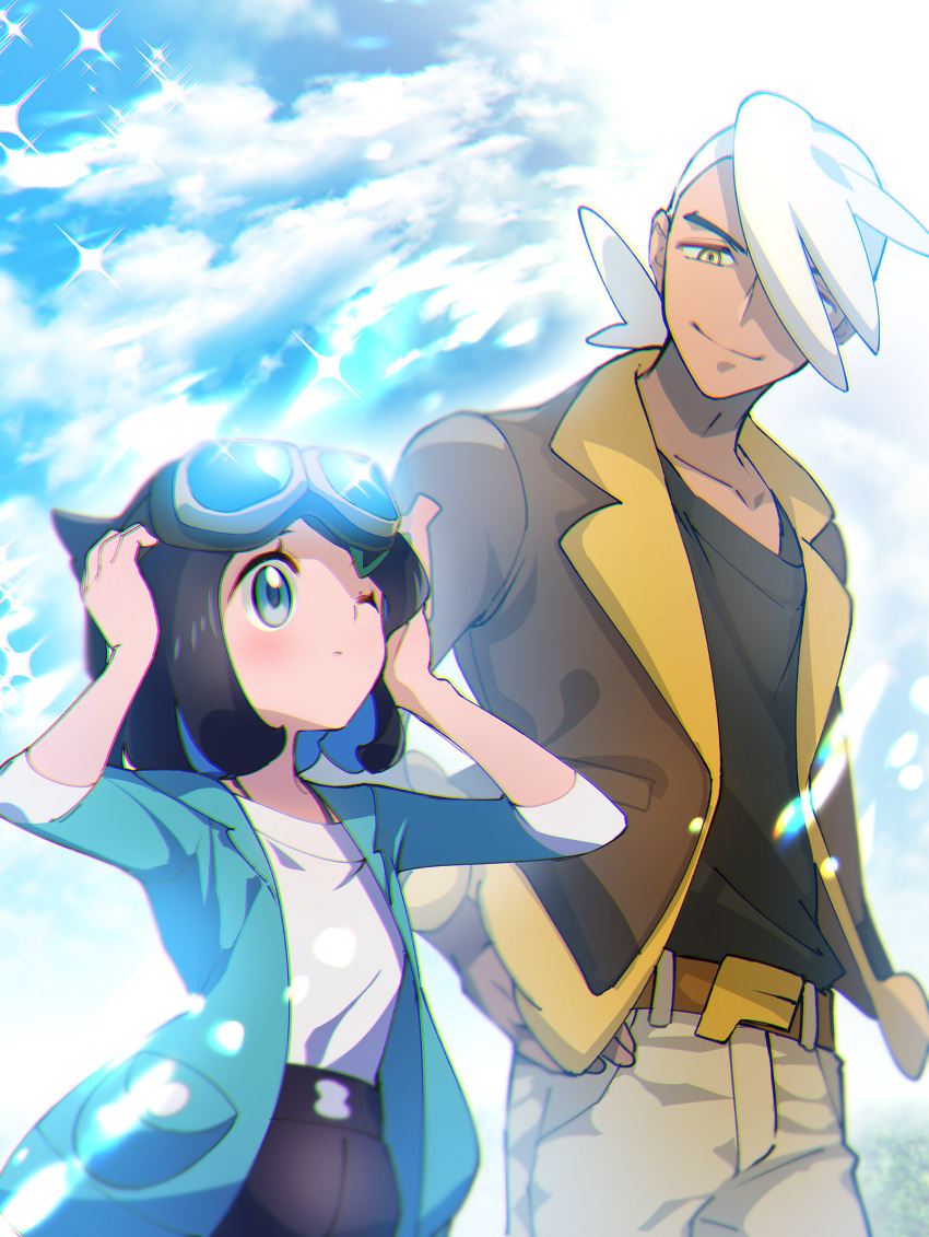 1boy 1girl belt belt_buckle black_hair black_shorts blush brown_belt brown_jacket buckle closed_mouth cloud coat commentary_request day eyelashes friede_(pokemon) goggles goggles_on_head green_coat hair_ornament hairclip hands_up highres jacket liko_(pokemon) mitsuha_(bless_blessing) one_eye_closed open_clothes open_coat outdoors pants pokemon pokemon_(anime) pokemon_horizons shirt shorts sky white_hair white_shirt yellow_eyes