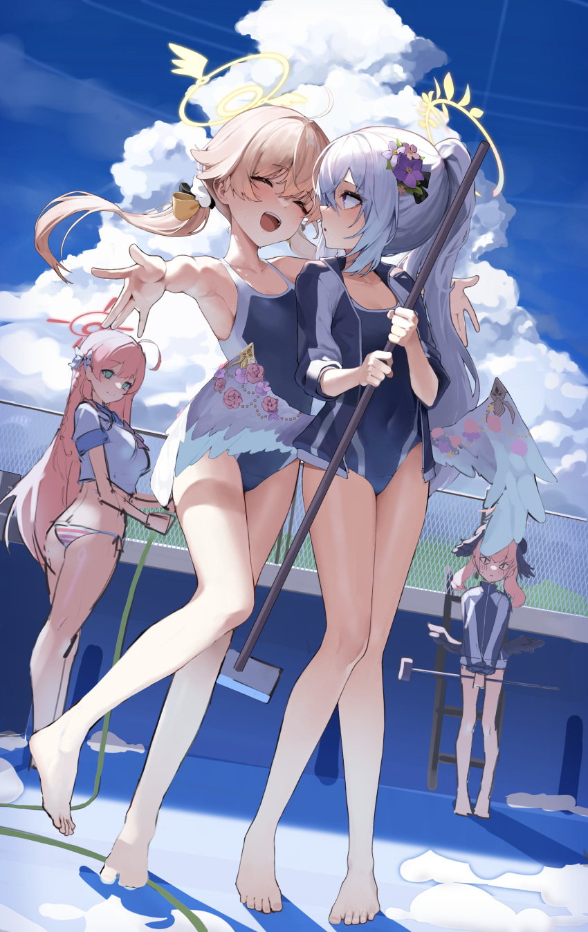 &lt;|&gt;_&lt;|&gt; 4girls absurdres alternate_costume azusa_(blue_archive) bare_shoulders barefoot bikini bikini_bottom_only blonde_hair blue_archive blue_one-piece_swimsuit blue_sky broom chain-link_fence closed_eyes cloud commentary_request day empty_pool fence flower hair_flower hair_ornament halo hanako_(blue_archive) hifumi_(blue_archive) highres holding holding_broom holding_hose hose imminent_hug jacket knees_together_feet_apart koharu_(blue_archive) korean_commentary long_hair low_twintails low_wings make-up_work_club_(blue_archive) multiple_girls one-piece_swimsuit open_clothes open_jacket open_mouth outdoors outstretched_arms parted_lips pink_hair pomp_(qhtjd0120) ponytail pool profile sketch sky smile spread_arms standing standing_on_one_leg swimsuit track_jacket twintails unfinished white_wings wings