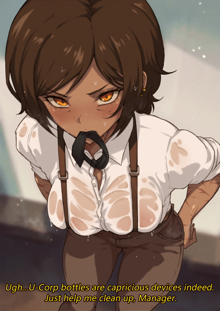 1girl angry black_necktie breasts brown_eyes brown_hair collared_shirt dark_skin english_text highres indoors limbus_company looking_at_viewer mouth_hold multiple_scars necktie necktie_in_mouth outis_(limbus_company) pants project_moon scar see-through shirt sleeves_rolled_up solo tan velminth wet wet_clothes white_shirt