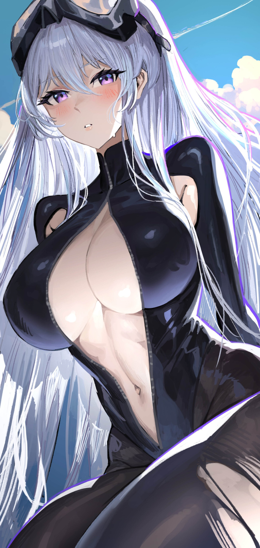 1girl absurdres armpit_cutout azur_lane black_wetsuit bodysuit breasts clothing_cutout diving_mask diving_suit enterprise_(azur_lane) enterprise_(diving_under_blue_skies)_(azur_lane) goggles goggles_on_head highres kaki_z3 large_breasts long_hair looking_at_viewer navel official_alternate_costume open_wetsuit pantyhose pantyhose_under_swimsuit purple_eyes scuba scuba_tank solo swim_goggles swimsuit thick_thighs thighs torn_clothes torn_pantyhose wetsuit white_hair