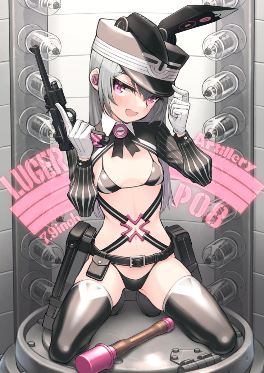 1girl :d adjusting_clothes adjusting_headwear animal_ears belt_pouch bikini boots commentary_request earpiece explosive fake_animal_ears full_body gloves grenade grey_hair gun handgun highres holding holding_gun holding_weapon kneeling long_hair looking_at_viewer luger_p08 navel original pink_eyes pouch rabbit_ears samaru_(seiga) shrug_(clothing) smile solo stielhandgranate swimsuit thigh_boots trigger_discipline weapon white_gloves