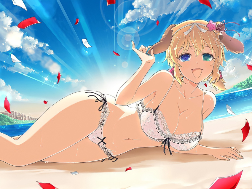 1girl animal_ears backlighting bare_shoulders beach bell blonde_hair blue_eyes blue_sky blush bow bow_panties bra breasts cleavage cliff cloud collarbone confetti dawn day dog_ears dog_girl earrings frilled_bra frilled_panties frills green_eyes groin hair_bell hair_between_eyes hair_ornament hair_ribbon heterochromia highres horizon jewelry jingle_bell lace-trimmed_bra lace-trimmed_panties lace_trim large_breasts lens_flare light_particles linea_alba looking_at_viewer lying morning navel ocean official_alternate_costume official_art on_side open_mouth outdoors panties ribbon ryouna_(senran_kagura) sand senran_kagura senran_kagura_new_link senran_kagura_shinovi_versus shore short_hair side-tie_panties skindentation sky smile solo sparkle sun sunlight sunrise tongue tree underwear water wet white_bra white_panties white_ribbon yaegashi_nan