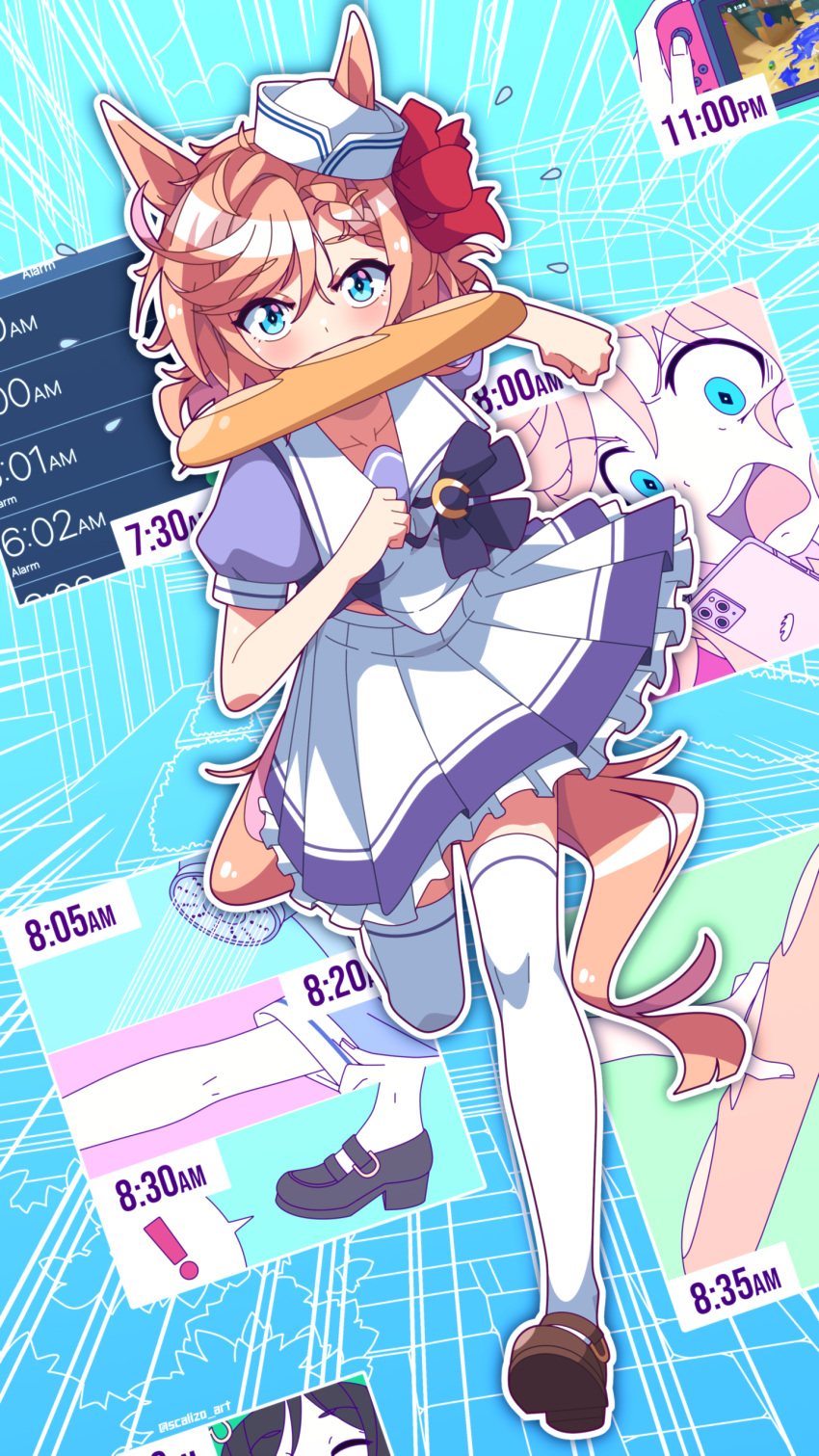 ! 1girl absurdres alternate_costume animal_ears baguette blue_eyes blush bread collarbone commentary_request food food_in_mouth full_body highres horse_ears horse_girl horse_tail light_brown_hair scalizo school_uniform shoes simple_background solo surprised tail thighhighs timestamp tracen_school_uniform umamusume venus_park_(umamusume)