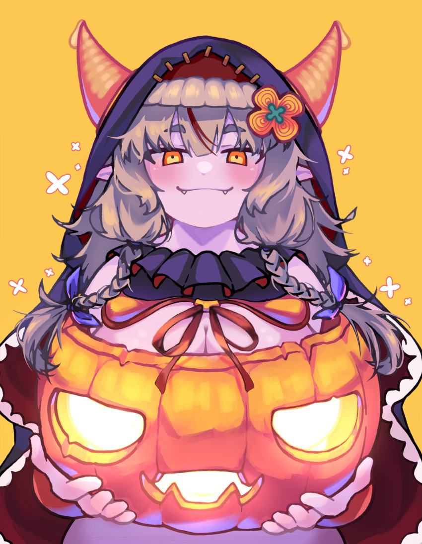 1girl absurdres bare_shoulders braid breasts brown_hair cape covering fangs hair_between_eyes halloween halloween_costume highres holding hood hood_up horns jack-o'-lantern large_breasts looking_at_viewer low_twin_braids medium_hair nude_cover orange_eyes original pointy_ears pumpkin simple_background solo thick_eyebrows twin_braids yellow_background zao_(pixiv_15847342)