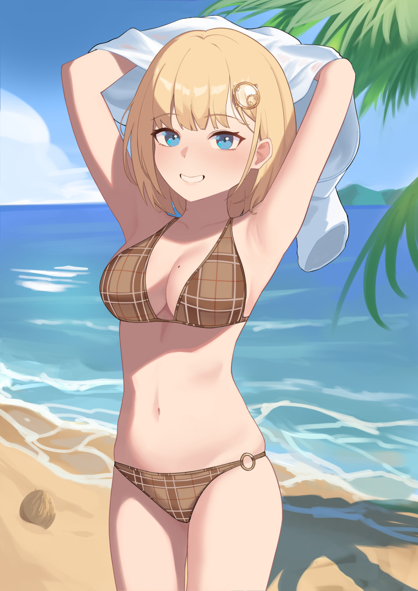 1girl absurdres armpits arms_up bikini blonde_hair blue_eyes bob_cut breasts brown_bikini cleavage commentary cowboy_shot english_commentary grin hair_ornament highres hololive hololive_english large_breasts looking_at_viewer monocle_hair_ornament navel ocean plaid plaid_bikini shadow shift_(shiftillust) shirt short_hair smile solo standing stomach swimsuit undressing virtual_youtuber water watson_amelia white_shirt