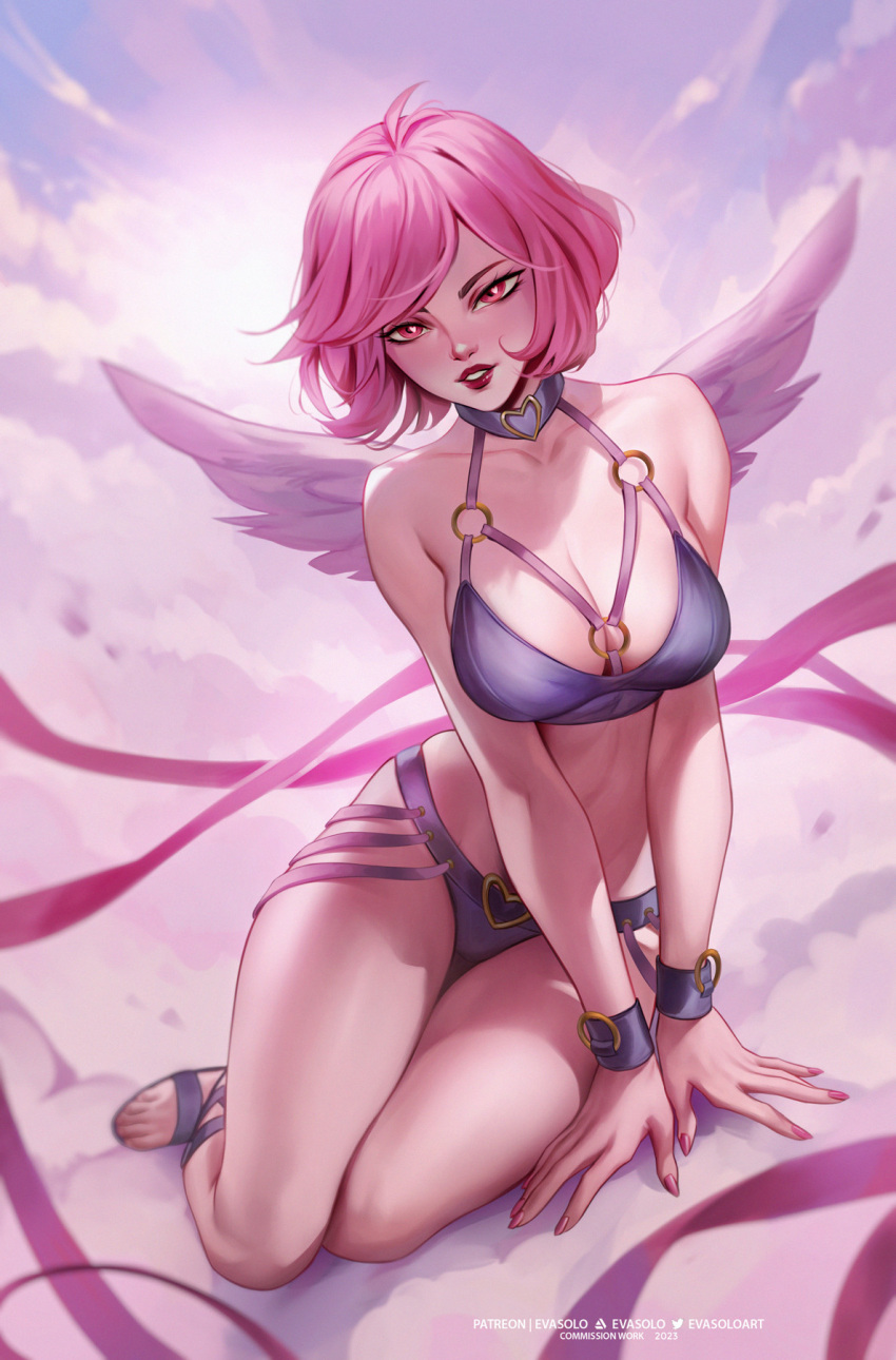 artist_name bikini breasts commission cover_image eva_solo highres lips looking_at_viewer medium_breasts original pink_eyes pink_hair pink_ribbon purple_bikini red_lips ribbon sandals short_hair sitting swimsuit white_wings wings wrist_cuffs