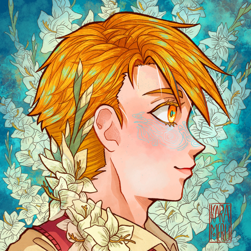 1boy adam's_apple alphonse_elric aqua_background aqua_pupils artist_name blonde_hair brown_outline bud close-up closed_eyes collared_shirt colored_eyelashes dress_shirt eyelashes facepaint floral_background flower freckles fullmetal_alchemist gradient_background green_background highres karameru-ka lily_(flower) lips looking_afar male_focus outline procreate_(medium) profile red_outline red_sweater_vest shirt simple_background smile sweater_vest swept_bangs tareme upper_body vest white_flower yellow_eyes yellow_shirt