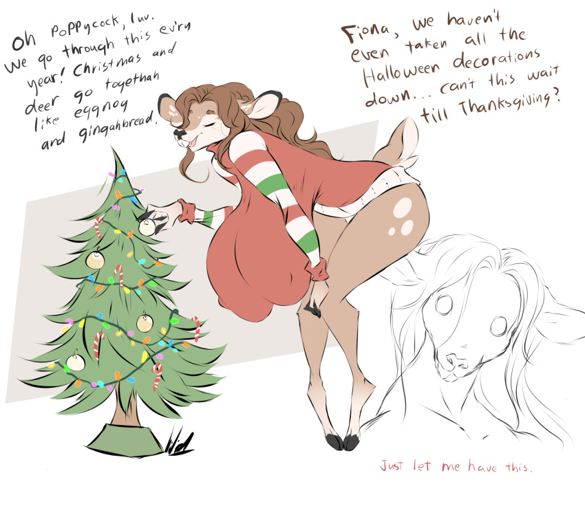 anthro big_breasts breasts brown_body brown_fur brown_hair buckteeth christmas christmas_clothing christmas_lights christmas_sweater christmas_topwear clothing deer dialogue dullvivid english_text eyes_closed female fiona_fawnbags_(dullvivid) fur hair hi_res holidays hooves huge_breasts mammal markings multicolored_body multicolored_fur new_world_deer nipple_outline open_mouth open_smile smile solo spots spotted_body spotted_fur spotted_markings sweater tan_body tan_fur tan_spots teeth text topwear two_tone_body two_tone_fur white-tailed_deer