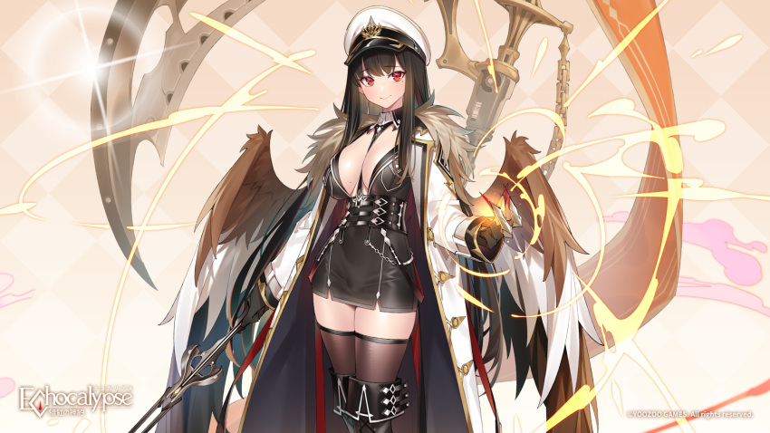 1girl artist_request between_breasts black_dress black_footwear black_hair boots breasts chain coat copyright cowboy_shot dress echocalypse fur-trimmed_coat fur_trim hat highres holding holding_weapon large_breasts logo mole mole_on_breast mole_under_eye official_art open_clothes open_coat peaked_cap red_eyes scythe second-party_source solo thigh_boots thighhighs vedfolnir_(echocalypse) weapon weapon_on_back white_coat wings zettai_ryouiki