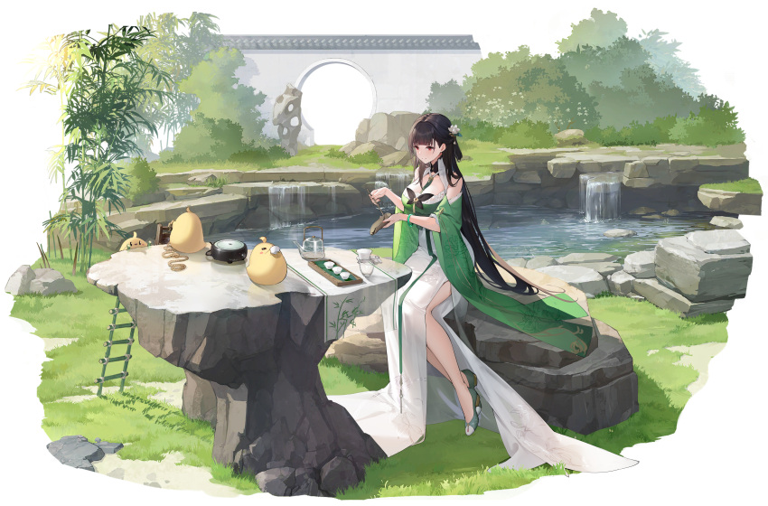 1girl absurdres azur_lane bare_shoulders black_hair bottle breasts chinese_clothes cleavage closed_mouth cup dress flower full_body green_dress green_footwear hair_flower hair_ornament highres holding large_breasts legs long_dress long_hair multicolored_clothes multicolored_dress non-web_source official_alternate_costume official_art outdoors pouring red_eyes shoes side_slit sitting smile tea very_long_hair water white_dress wide_sleeves yat_sen_(azur_lane)