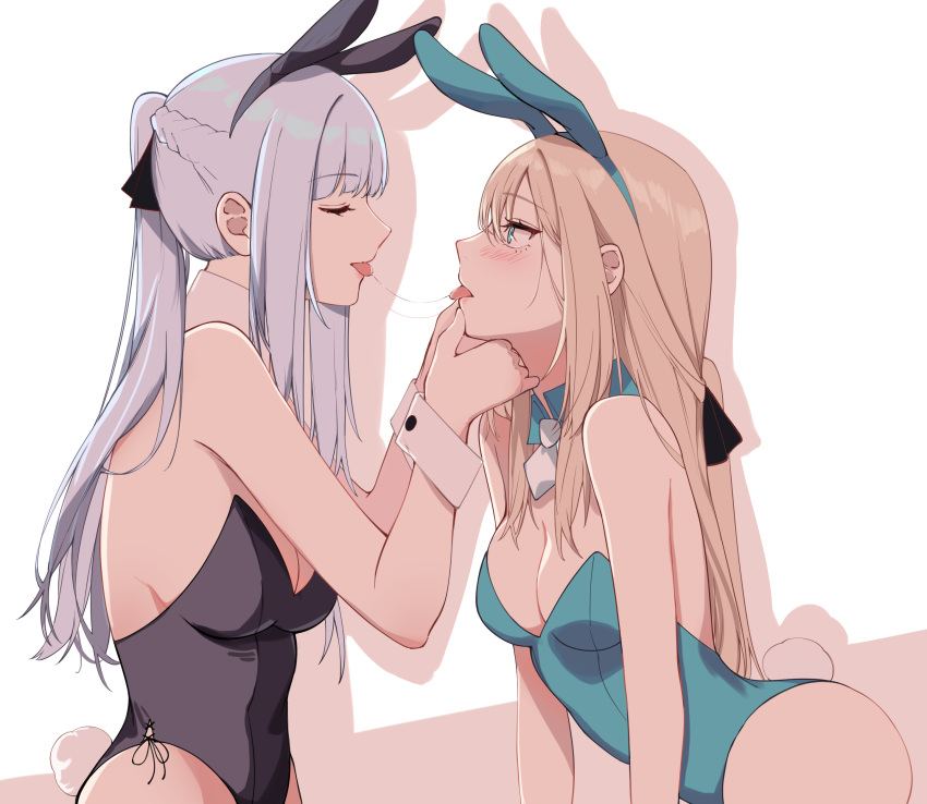 2girls absurdres ak-12_(girls'_frontline) alternate_costume an-94_(girls'_frontline) animal_ears aqua_eyes aqua_leotard black_leotard blonde_hair blush braid breasts cleavage closed_eyes fake_animal_ears feet_out_of_frame french_braid girls'_frontline highres kavni leotard long_hair looking_at_another medium_breasts multiple_girls open_mouth playboy_bunny ponytail rabbit_ears rabbit_tail saliva_swap sidelocks simple_background small_breasts tail tongue tongue_out upper_body white_hair white_wrist_cuffs wrist_cuffs yuri