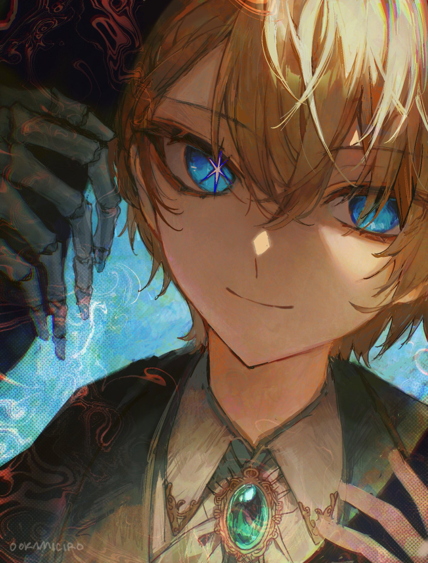 1boy artist_name blonde_hair blue_eyes chest_jewel highres hoshino_aquamarine light_smile mismatched_pupils ookami_ciro oshi_no_ko skeletal_hand solo star-shaped_pupils star_(symbol) star_in_eye symbol-shaped_pupils symbol_in_eye