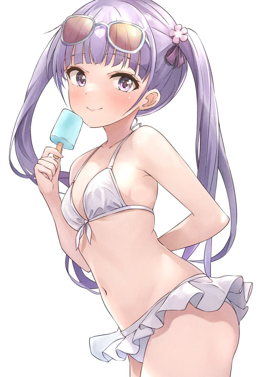 1girl absurdres arm_behind_back b1ack_illust bikini blunt_bangs breasts closed_mouth commission eyewear_on_head flower food frilled_bikini frills front-tie_bikini_top front-tie_top hair_flower hair_ornament highres holding holding_food holding_ice_cream ice_cream ice_cream_bar light_purple_hair long_hair looking_at_viewer navel new_game! pixiv_commission purple_eyes small_breasts smile solo sunglasses suzukaze_aoba swimsuit twintails white_background white_bikini