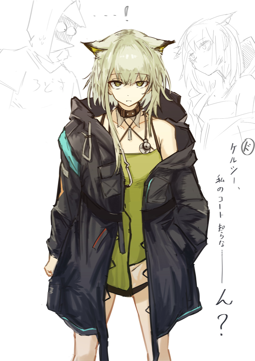 1girl 1other absurdres animal_ears arknights asymmetrical_hair black_choker black_coat cat_ears cat_girl choker closed_mouth coat collarbone commentary doctor_(arknights) dress green_dress green_eyes green_hair hand_in_pocket highres hooded_coat kal'tsit_(arknights) long_hair see-through stethoscope translation_request utsuke