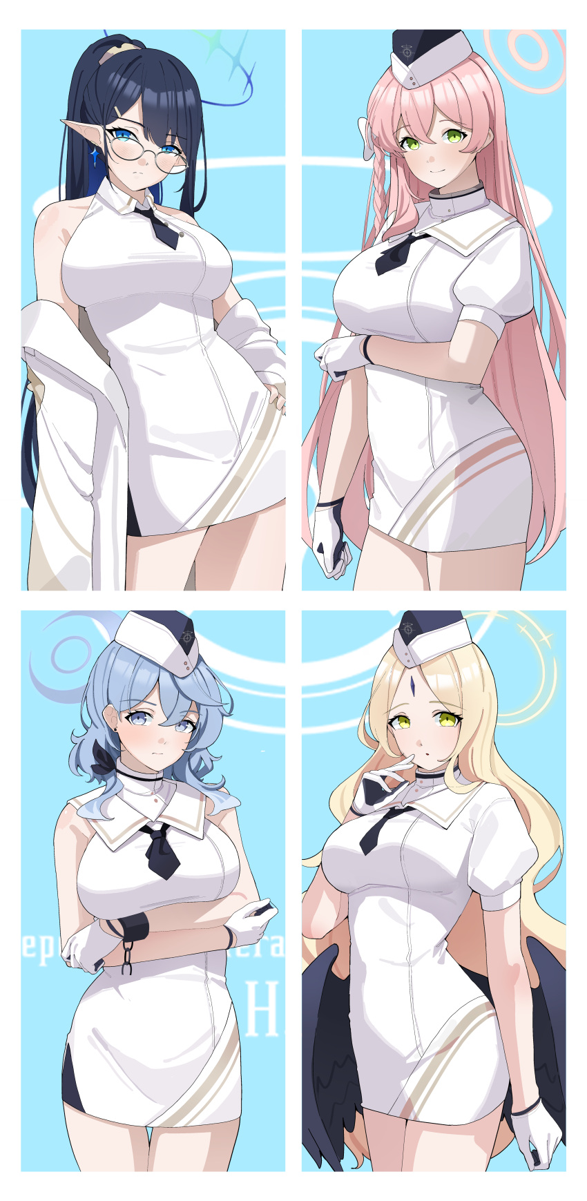 4girls absurdres ako_(blue_archive) arms_under_breasts ayumu_(blue_archive) black_hair black_necktie black_wings blonde_hair blue_archive blue_hair breasts colored_inner_hair dress feathered_wings forehead_jewel glasses gloves grey-framed_eyewear haerge halo hanako_(blue_archive) hand_on_own_hip highres large_breasts looking_at_viewer multicolored_hair multiple_girls necktie official_alternate_costume pink_hair pointy_ears puffy_sleeves rin_(blue_archive) short_necktie sleeveless sleeveless_dress utnapishtim_operator_uniform_(blue_archive) white_dress white_gloves wings