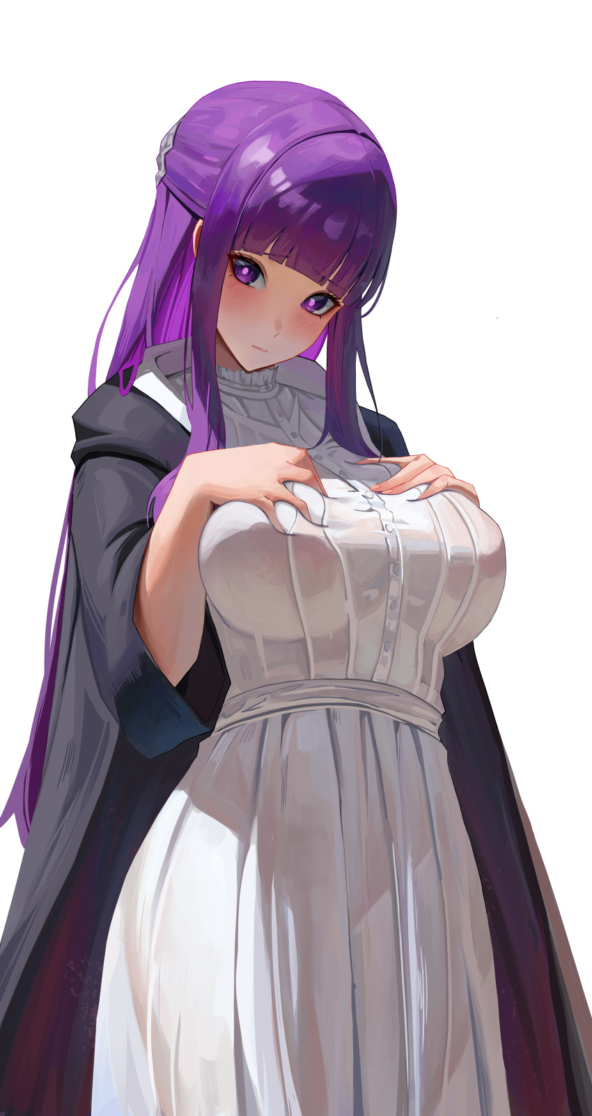 1girl absurdres blush bright_pupils covered_nipples dress fern_(sousou_no_frieren) highres long_hair looking_at_viewer purple_eyes purple_hair rasipan simple_background solo sousou_no_frieren white_background white_dress