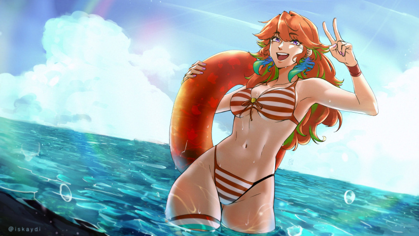 absurdres alternate_costume earrings feather_earrings feathers green_hair highres hololive hololive_english horizontal-striped_swimsuit iskaydi jewelry long_hair multicolored_hair navel ocean open_mouth orange_hair partially_submerged purple_eyes skindentation smile takanashi_kiara two-tone_hair v virtual_youtuber