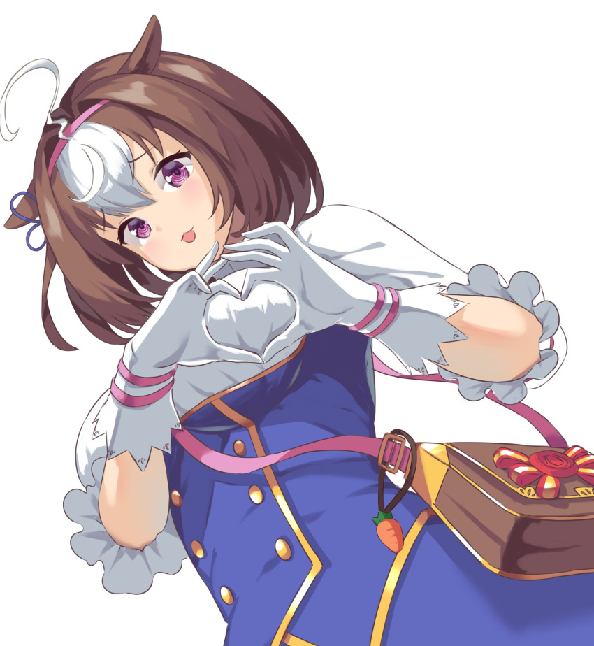 1girl :3 @_@ ahoge animal_ears bag breasts brown_hair buttons carrot_keychain commentary_request double-breasted ear_ribbon gloves heart heart_hands highres horse_ears horse_girl long_sleeves looking_at_viewer medium_breasts meisho_doto_(umamusume) multicolored_hair open_mouth purple_eyes purple_ribbon ribbon sawara_noa short_hair shoulder_bag simple_background solo strap streaked_hair umamusume upper_body white_background white_gloves white_hair
