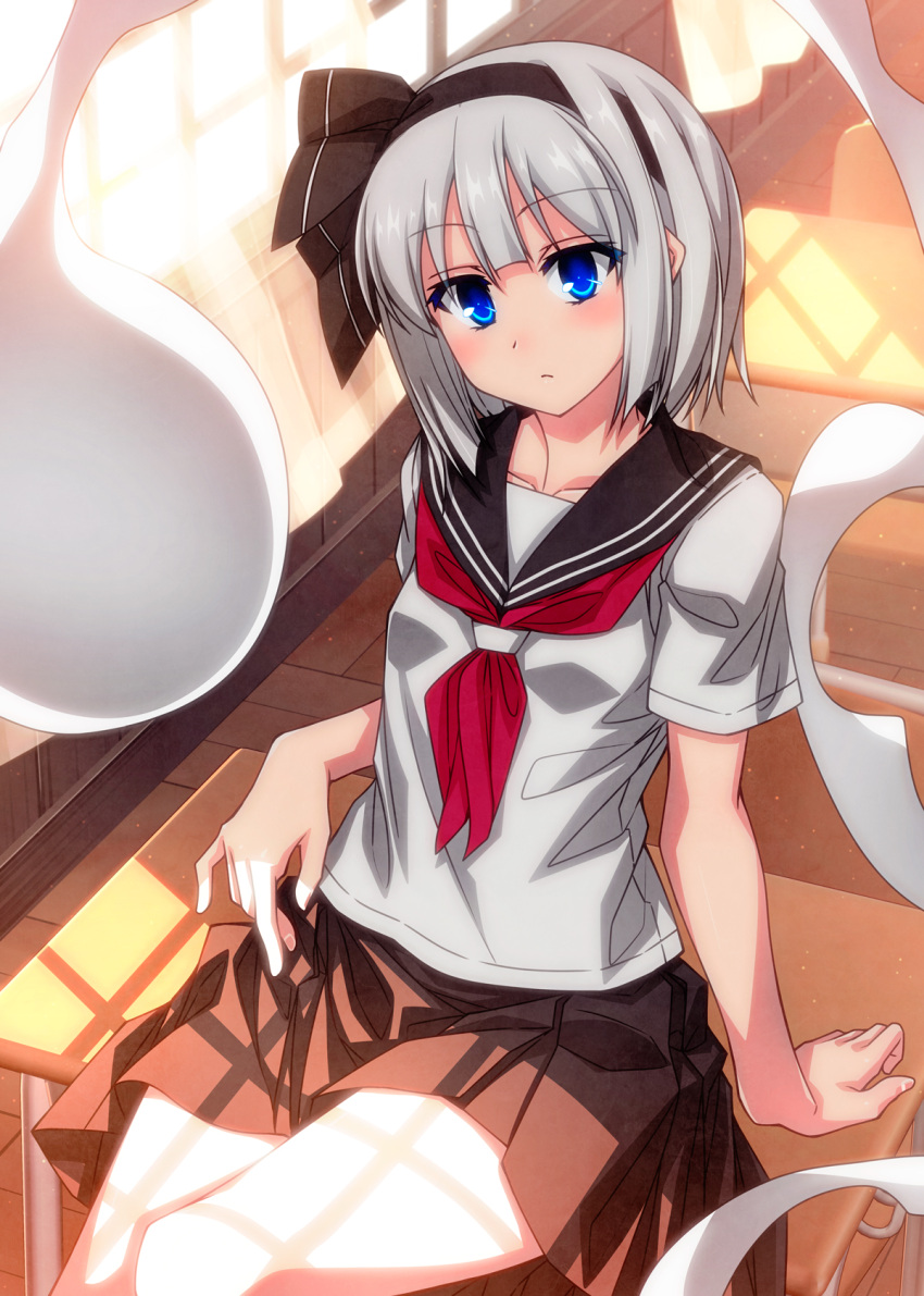 1girl black_hairband black_ribbon black_sailor_collar black_skirt blue_eyes blush classroom closed_mouth collarbone desk grey_hair hair_ribbon hairband highres hitodama indoors konpaku_youmu konpaku_youmu_(ghost) neckerchief on_desk pleated_skirt red_neckerchief ribbon sailor_collar sazanami_mio school_desk school_uniform serafuku short_hair short_sleeves sitting sitting_on_desk skirt solo touhou