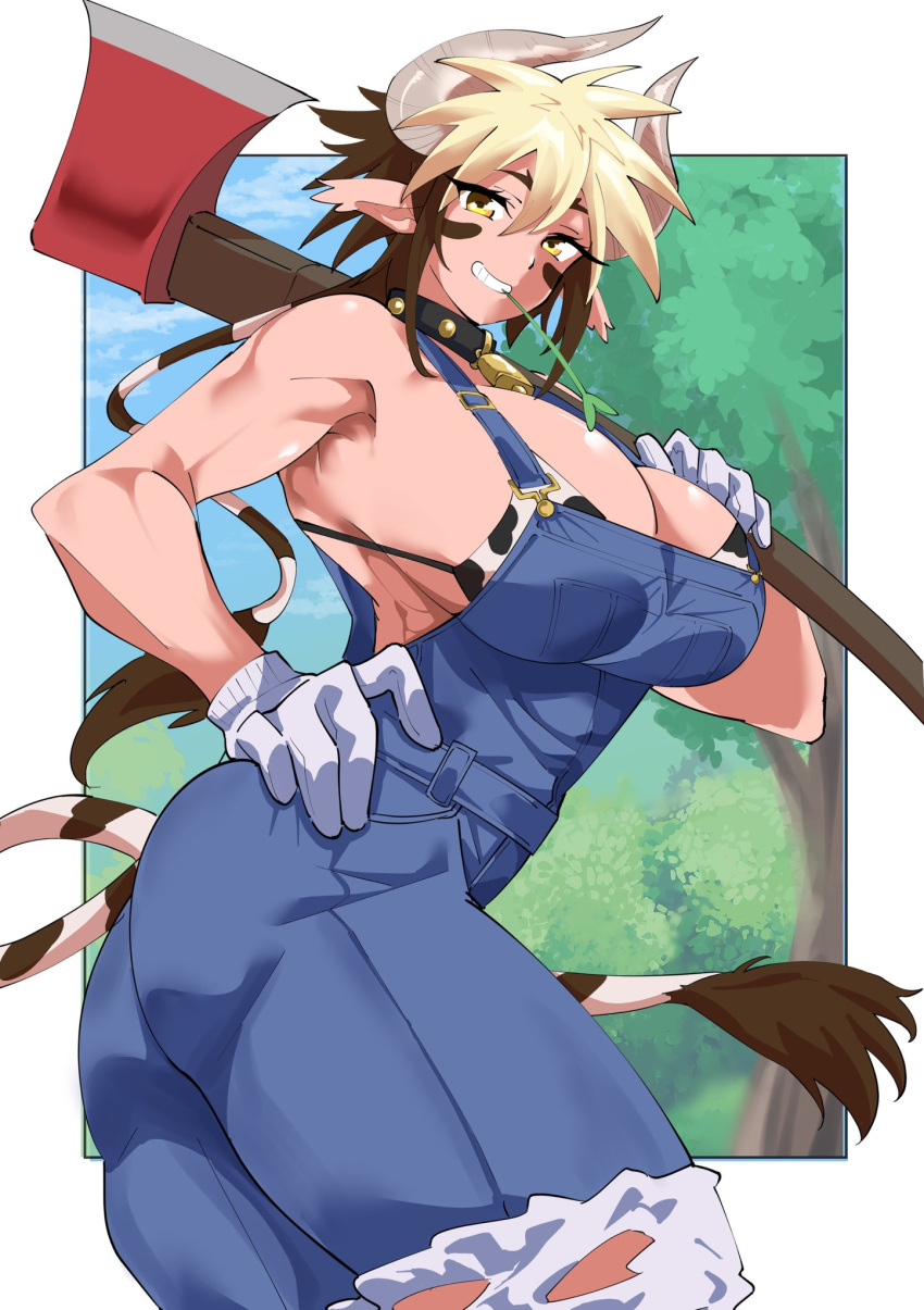 1girl animal_ears animal_print axe bell bikini bikini_under_clothes blonde_hair breasts brown_eyes brown_hair cathyl collar commentary_request cow_ears cow_girl cow_horns cow_print cow_print_bikini cow_tail cowbell cowboy_shot fugaku_(miko_no_miyatsuguchi) gloves hand_on_own_hip highres holding holding_axe horns huge_breasts looking_at_viewer minotaur monster_musume_no_iru_nichijou mouth_hold multicolored_hair muscular muscular_female outdoors outside_border overalls ponytail smile solo stalk_in_mouth swimsuit tail torn_clothes torn_overalls tree two-tone_hair white_gloves work_gloves