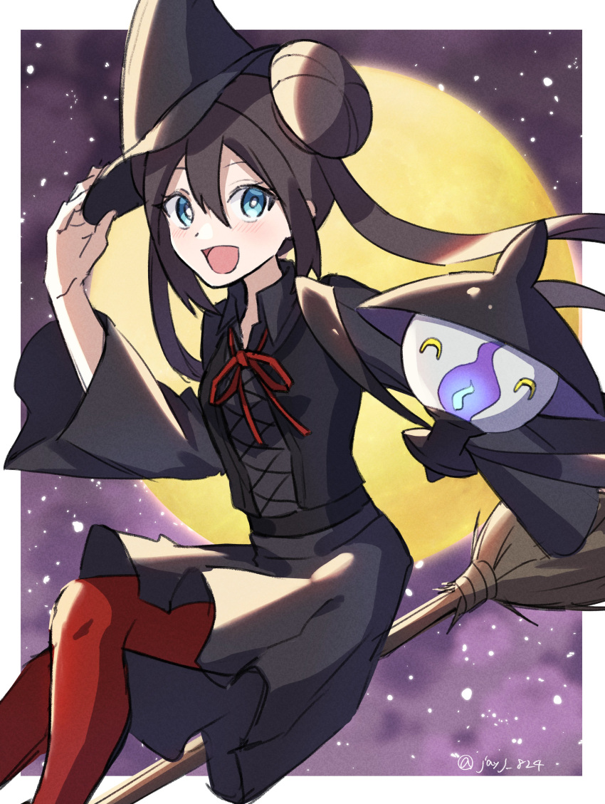 1girl :d absurdres alternate_costume aqua_eyes black_headwear border bright_pupils broom brown_hair commentary_request double_bun eyelashes hair_between_eyes hair_bun hat highres jayj_824 lampent long_hair looking_at_viewer moon open_mouth outdoors pantyhose pokemon pokemon_(creature) pokemon_(game) pokemon_bw2 red_pantyhose rosa_(pokemon) smile tongue twintails twitter_username white_border white_pupils witch witch_hat