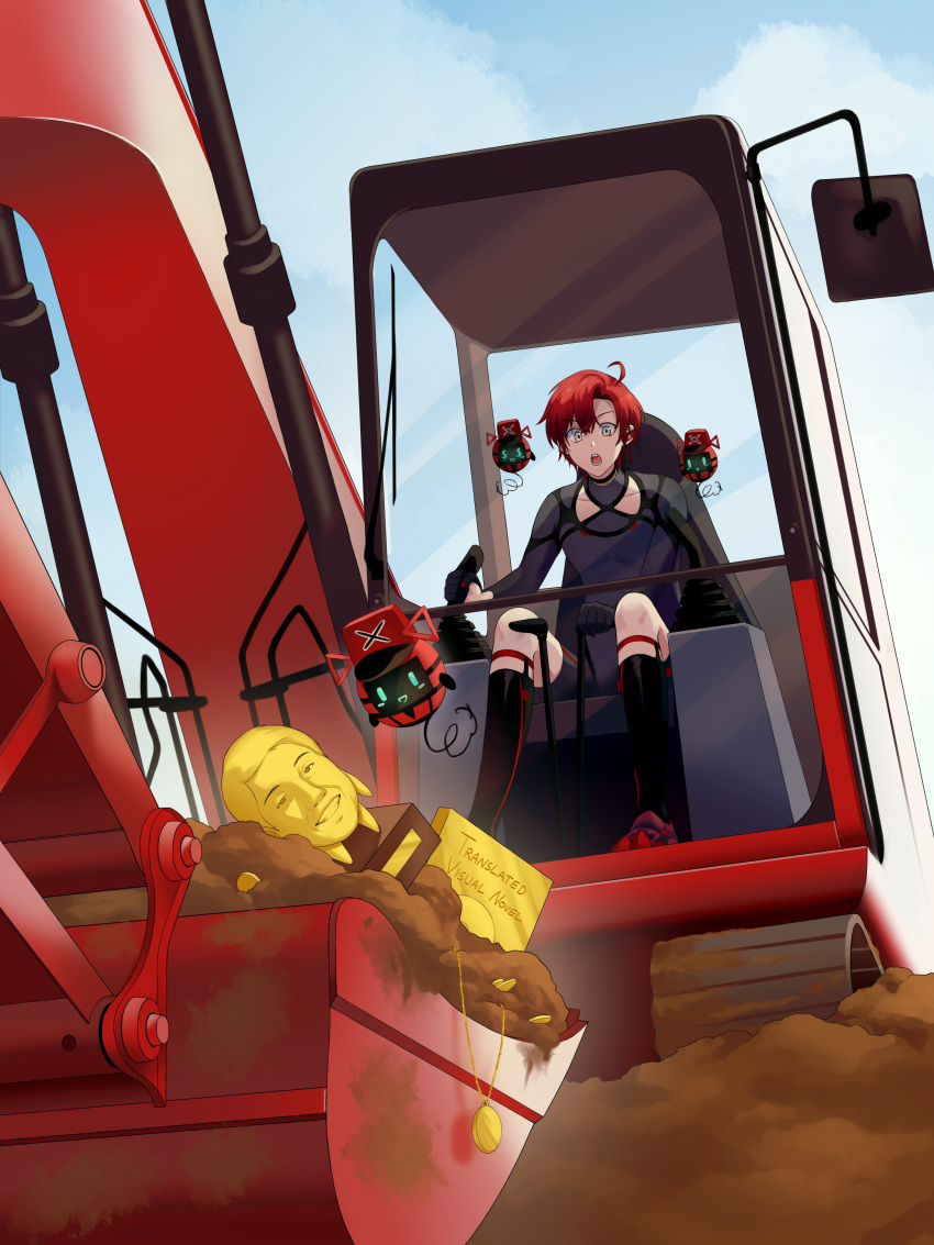 1boy absurdres black_bodysuit black_socks blue_sky bodysuit cowlick digging dirt english_commentary english_text excavator facing_viewer gloves gold hair_between_eyes highres holostars holostars_english kneehighs machina_x_flayon machinery machiroon_(machina_x_flayon) male_focus motor_vehicle mud myem open_mouth short_hair sitting sky socks surprised treasure trophy virtual_youtuber yagoo