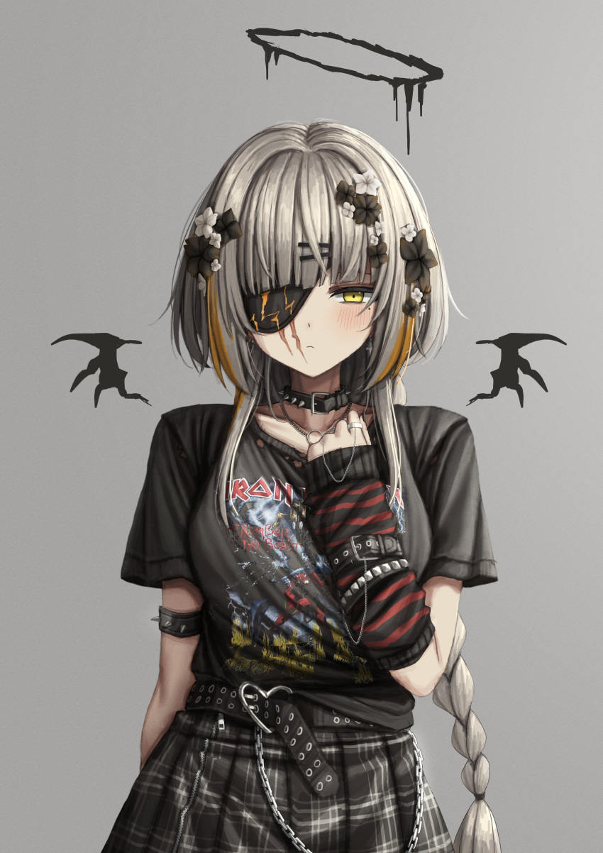 1girl absurdres alternate_costume black_shirt braid eyepatch girls'_frontline gothic_lolita grey_hair grey_skirt highres iron_maiden_(band) lobsteranian lolita_fashion long_hair m16a1_(boss)_(girls'_frontline) m16a1_(girls'_frontline) plaid plaid_skirt shirt short_sleeves skirt solo yellow_eyes