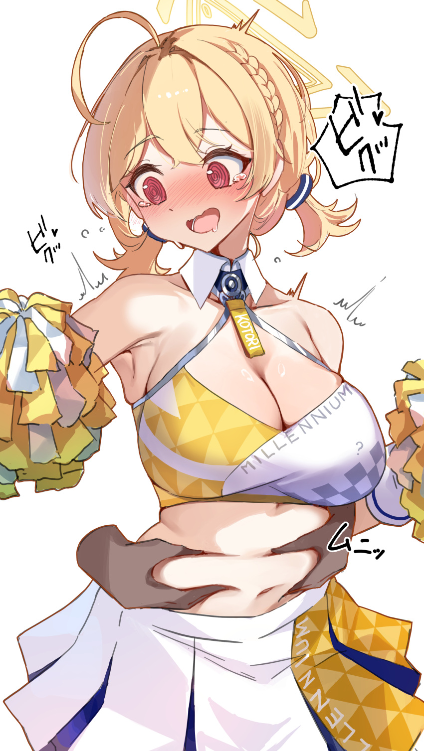 1boy 1girl absurdres ahoge armpits belly_grab blonde_hair blue_archive blush breasts cheerleader cleavage collarbone deep_skin disembodied_limb halo hetero highres holding holding_pom_poms kotori_(blue_archive) kotori_(cheer_squad)_(blue_archive) large_breasts looking_at_another navel nose_blush pleated_skirt pom_pom_(cheerleading) red_eyes shiro_marimo short_twintails simple_background skirt sports_bra surprised tears twintails two-tone_sports_bra white_background