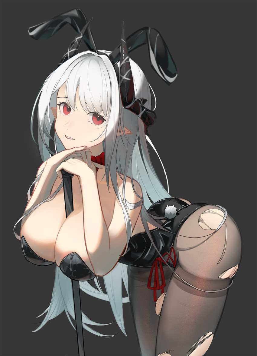 1girl animal_ears arknights bare_shoulders black_background black_pantyhose breasts cleavage fake_animal_ears highres horns jijing_zishui large_breasts leaning_forward long_hair mudrock_(arknights) pantyhose playboy_bunny rabbit_tail red_eyes tail thighs torn_clothes white_hair