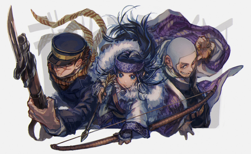 1girl 2boys ainu_clothes arisaka arrow_(projectile) asirpa bayonet belt black_eyes black_headwear black_jacket black_pants black_vest blue_eyes blue_headband bolt_action bow_(weapon) brown_belt buzz_cut cloak closed_mouth cowboy_shot fur_cloak golden_kamuy grin gun hand_up hat headband holding holding_arrow holding_bow_(weapon) holding_gun holding_weapon jacket jhm_xyz long_hair long_sleeves looking_at_viewer military_hat military_uniform multiple_boys pants purple_jacket rifle scar scar_on_cheek scar_on_face scar_on_nose scarf shiraishi_yoshitake shirt short_hair smile standing sugimoto_saichi teeth uniform v-shaped_eyebrows very_short_hair vest weapon white_background white_jacket white_shirt wide_sleeves yellow_scarf