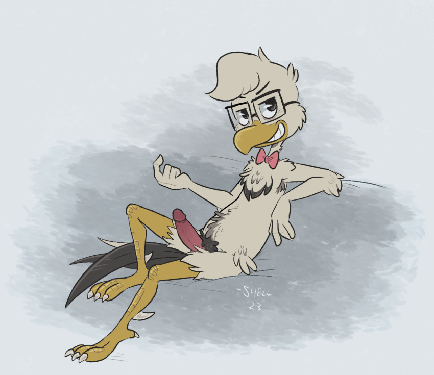 2023 abstract_background anthro arm_tuft avian beak beckoning bird body_hair bow_tie cheek_tuft chicken claws crotch_tuft dated disney ducktales ducktales_(2017) elbow_tuft eyebrows eyewear facial_tuft feathers galliform gallus_(genus) genitals gesture glans glasses grey_background grey_body grey_feathers grin gyro_gearloose happy_trail head_tuft heel_claw hip_tuft humanoid_genitalia humanoid_penis looking_at_viewer male penis phasianid shellyochunks signature simple_background sitting smile solo tail_feathers talons teeth_showing toe_claws tuft white_body white_feathers yellow_body yellow_skin