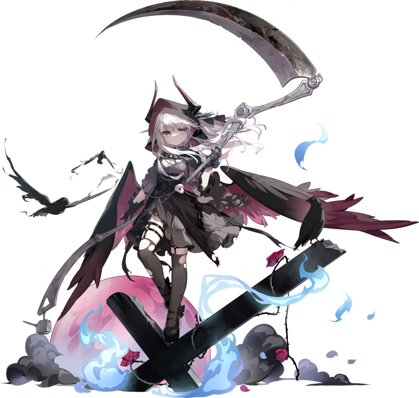 1girl animal artist_request azur_lane belt bird bird_wings black_background black_dress black_footwear black_gloves black_thighhighs black_wings blue_fire breasts cape cleavage closed_mouth cross crow dress erebus_(meta)_(azur_lane) fire flower frills full_body gloves highres holding holding_scythe holding_weapon hood hood_up hooded_cape horns long_hair looking_at_viewer medium_breasts official_art pink_eyes rigging rose scythe shoes skull smoke solo standing thigh_strap thighhighs tombstone torn torn_cape torn_clothes torn_thighhighs weapon white_hair wings