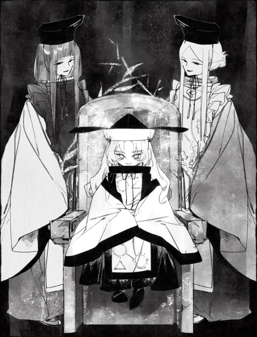 3girls aged_down blunt_bangs closed_mouth dress frilled_dress frills full_body garnetelegy greyscale hair_bun hat highres long_hair long_sleeves looking_at_viewer matara_okina monochrome multiple_girls nishida_satono parted_bangs shoes sidelocks sitting sleeves_past_fingers sleeves_past_wrists smile tabard tate_eboshi teireida_mai touhou wide_sleeves