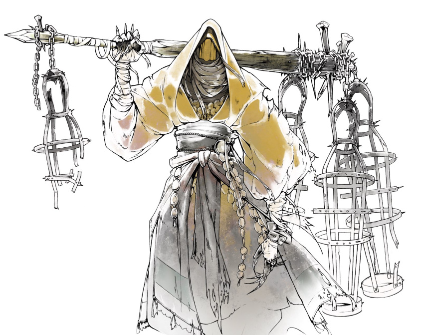 1boy bandaged_arm bandages blakcatte cage chain club_(weapon) facing_viewer feet_out_of_frame fingernails hand_up highres holding holding_weapon hood hood_up long_sleeves nail orange_robe original over_shoulder puffy_sleeves robe sharp_fingernails solo spiked_club torn_clothes torn_robe weapon weapon_over_shoulder