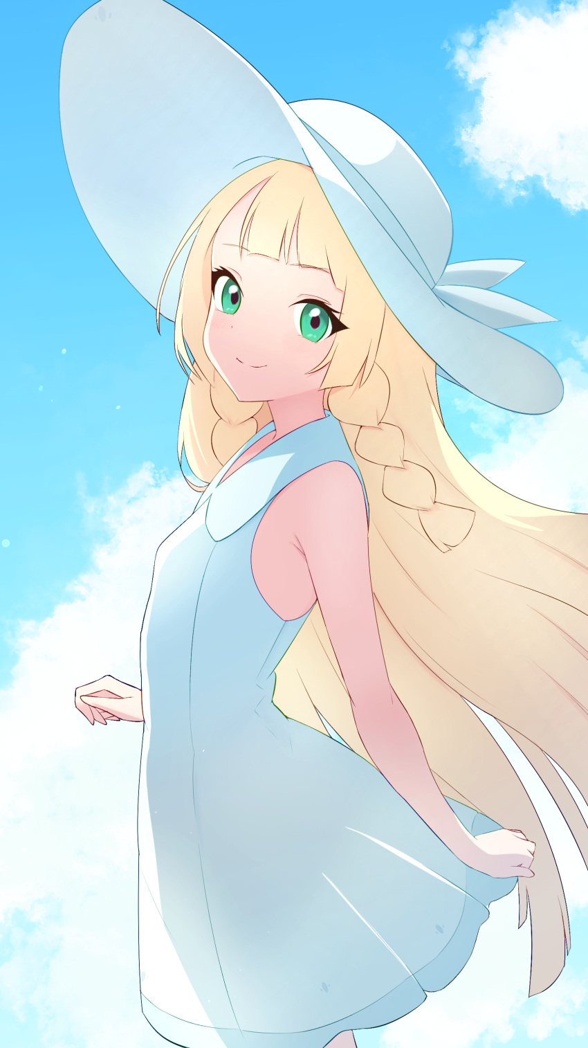 1girl absurdres blonde_hair blunt_bangs braid closed_mouth cloud collared_dress commentary_request day dress eyelashes from_side green_eyes hat hat_ribbon highres lillie_(pokemon) long_hair outdoors pokemon pokemon_(game) pokemon_sm ribbon ryokuchabushi sky sleeveless sleeveless_dress smile solo split_mouth sun_hat twin_braids white_dress white_headwear