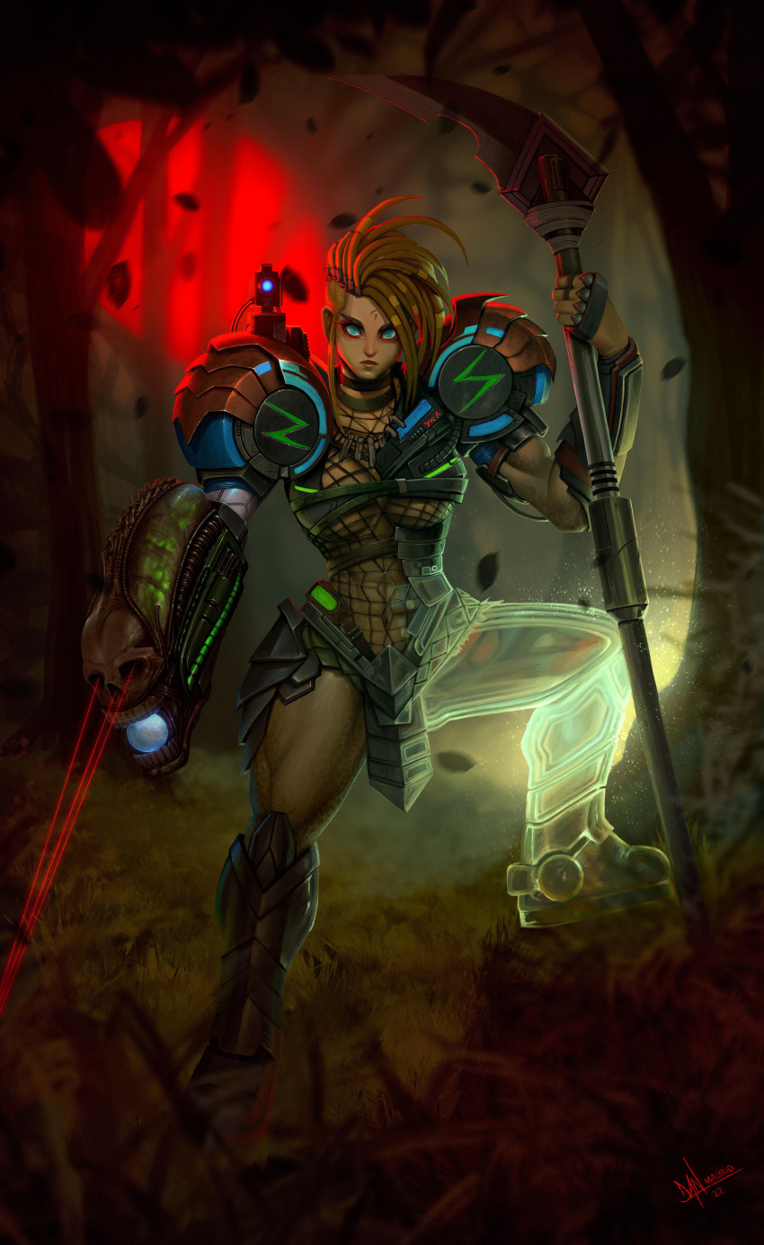 1girl absurdres alien_vs._predator arm_cannon armor bikini_armor blonde_hair blue_eyes bodysuit breasts crossover danderfull dreadlocks facial_mark fishnet_bodysuit fishnet_top fishnets forehead_mark fusion highres holding holding_polearm holding_weapon invisible laser_sight metroid partially_invisible polearm power_armor power_suit_(metroid) predator predator_(movie) predator_(series) samus_aran shoulder_armor shoulder_cannon skull solo solo_focus spear spiked_hair underboob undercut weapon xenomorph