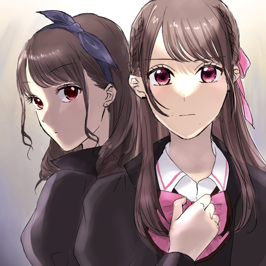 2girls assault_lily blue_bow blue_hairband bow bow_hairband bowtie braid brown_background brown_hair brown_jacket closed_mouth collared_shirt commentary_request french_braid fukuyama_jeanne_sachie gradient_background grey_background hair_bow hair_ribbon hairband hand_on_own_chest hand_up highres jacket juliet_sleeves kuroki_francisca_yuria long_hair long_sleeves looking_at_viewer looking_to_the_side ludvico_private_girls'_academy_school_uniform medium_hair mole mole_above_mouth mole_under_mouth multiple_girls pink_bow pink_bowtie pink_eyes pink_ribbon puffy_sleeves red_eyes ribbon school_uniform shakeza shirt upper_body white_shirt