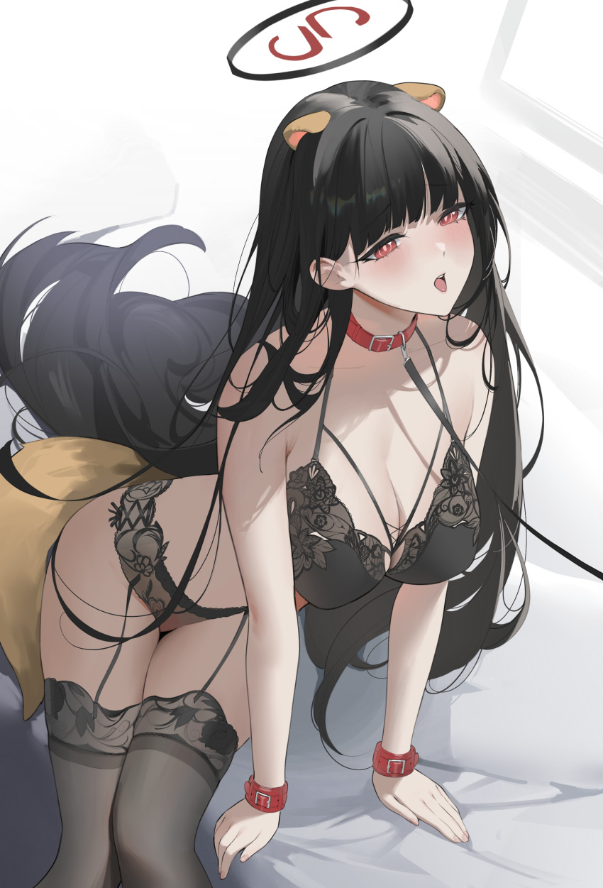 1girl absurdres animal_ears annlee arm_support bare_shoulders belt_collar black_bra black_choker black_garter_belt black_hair black_panties black_thighhighs blue_archive blunt_bangs blush bra breasts choker cleavage collar collarbone extra_ears feet_out_of_frame garter_belt garter_straps halo highres horns jewelry lace_trim large_breasts leash lingerie long_hair looking_at_viewer nail_polish open_mouth panties red_collar red_eyes rio_(blue_archive) simple_background sitting solo tail teeth thighhighs thighs tongue tongue_out underwear underwear_only upper_teeth_only very_long_hair white_background