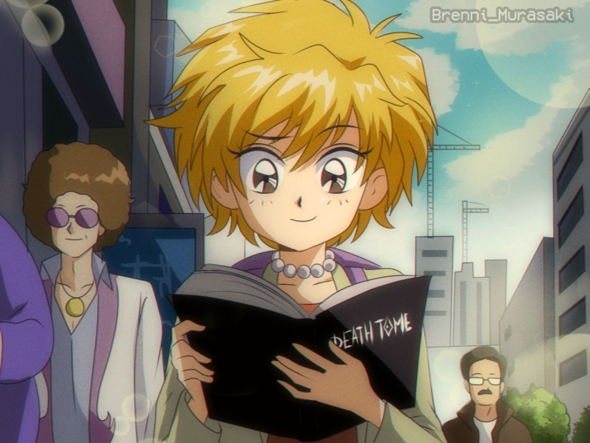 1990s_(style) 1girl 2boys backpack bag blonde_hair blue_sky book brenni_murasaki brown_eyes brown_hair building closed_mouth death_note death_tome facial_hair holding holding_book jewelry lisa_simpson multiple_boys mustache necklace open_book pearl_necklace retro_artstyle sky smile sunglasses the_simpsons upper_body urban