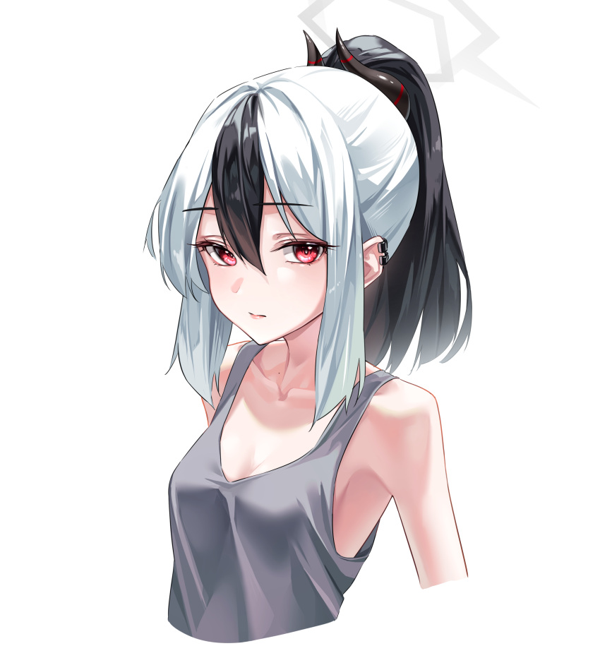 1girl absurdres black_hair black_horns blue_archive breasts closed_mouth collarbone cropped_arms cropped_torso demon_horns grey_tank_top hair_between_eyes highres horns kayoko_(blue_archive) korean_commentary long_hair ly_7317 multicolored_hair ponytail red_eyes simple_background small_breasts solo tank_top upper_body white_background white_hair