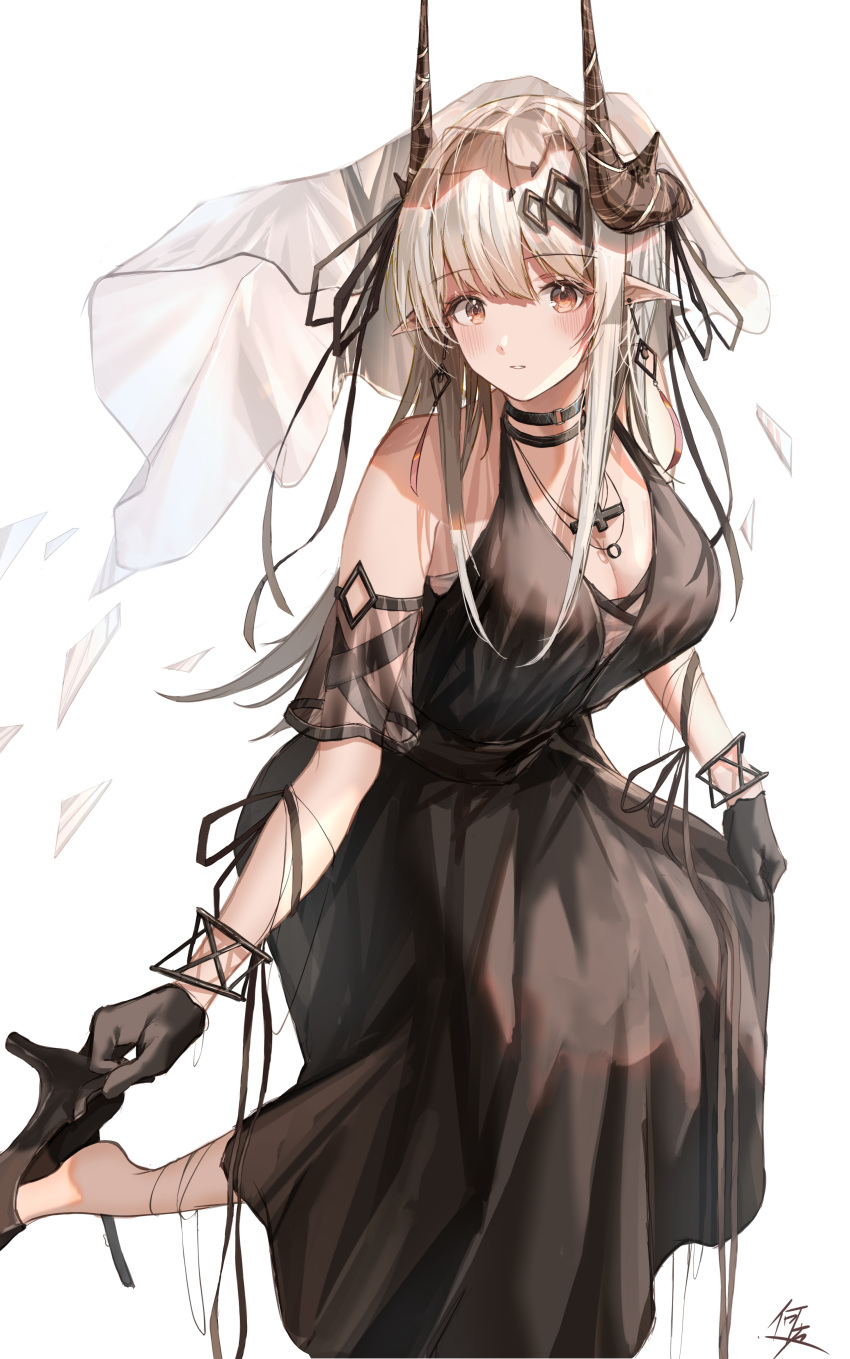 1girl absurdres arknights bare_shoulders black_collar black_dress black_footwear black_gloves breasts cleavage collar cross cross_necklace donata_(donatasama) dress earrings gloves highres horns jewelry long_hair medium_breasts mudrock_(arknights) mudrock_(obsidian)_(arknights) necklace official_alternate_costume parted_lips pointy_ears red_eyes signature simple_background solo veil white_background white_hair